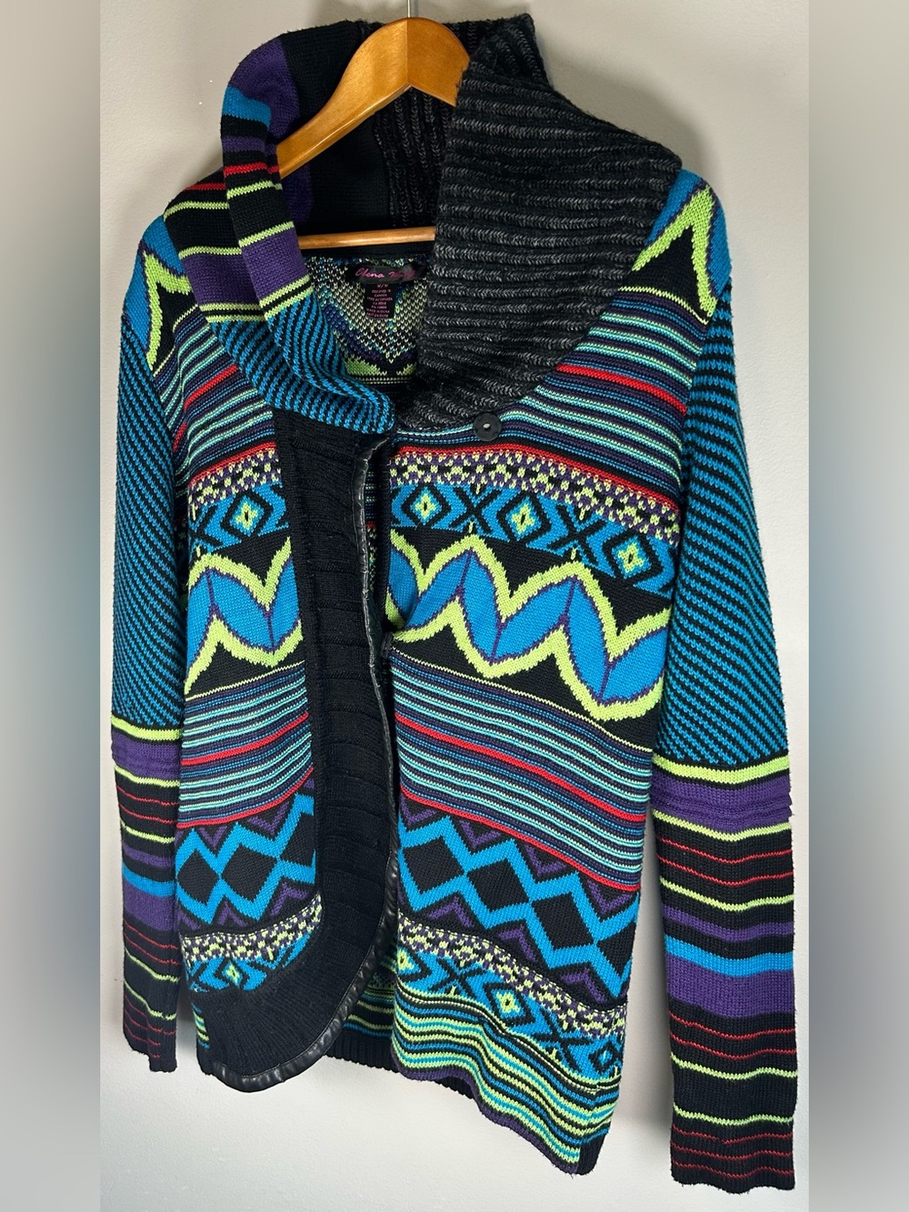 Elena Wang Womens Knit Cardigan Blanket Coat Sz M Southwestern Aztec Neon Colors - Picture 4 of 11